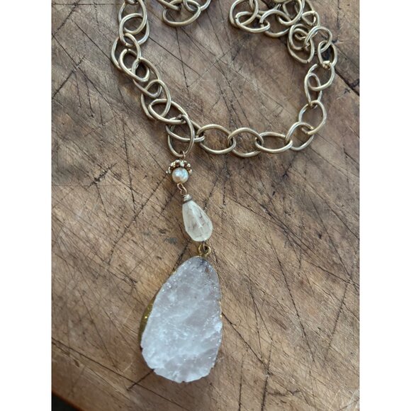 Gold-Tone Chain Necklace With Raw Quartz Pendant & Pearl Accent - Picture 9 of 14